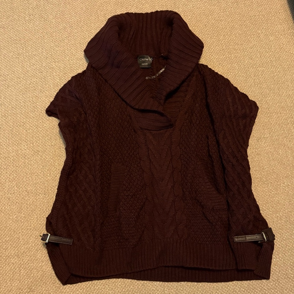 Purple Cliche Sweater Wool Blend M short sleeve cable knit shawl collar
